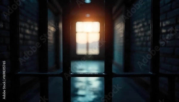 Fototapeta A blurred, out-of-focus image of dark prison bars silhouetted against a bright, harsh light, suggesting confinement and punishment , offense, prison life