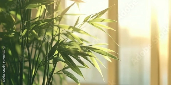 Fototapeta Sunlight filters through green bamboo stalks in a serene indoor setting. The close-up shot captures the natural beauty of the leaves and the soft- warm light creating a peaceful atmosphere