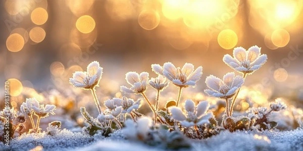 Fototapeta Delicate frost-covered plants bathed in the warm glow of a golden sunrise- creating a serene and dreamy atmosphere. The bokeh lights in the background add a magical touch to the composition