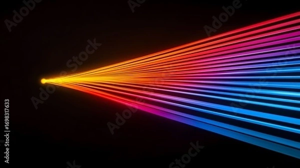 Fototapeta The image displays a series of radiant, parallel lines emanating from a central light source, transitioning from warm oranges and reds to cooler blues and purples against a dark background.