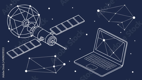 Fototapeta Digital low poly wireframe satellite and laptop illustration, showcasing futuristic design with stars background, evokes sense of innovation