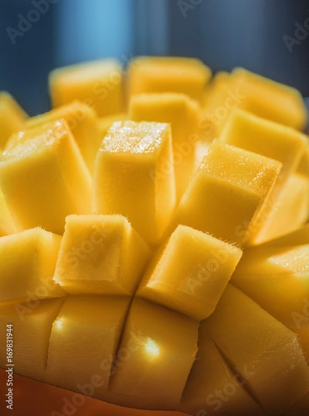 Fototapeta Natural Fresh Ripe Mango cubes, Slices close up, Macro shooting. On the dark blue or black background. On the rustic wooden board and bamboo napkin 01