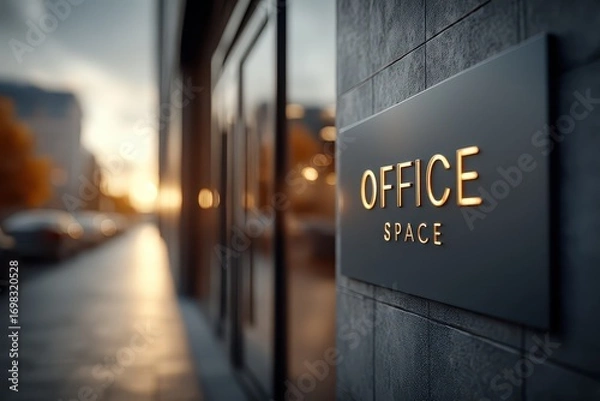 Fototapeta Modern Office Space Signage on Urban Street at Dusk with Soft Light