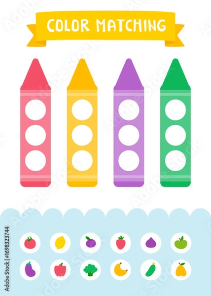 Fototapeta Color matching game with crayons. Cartoon kids mini game with fruits and vegetables.