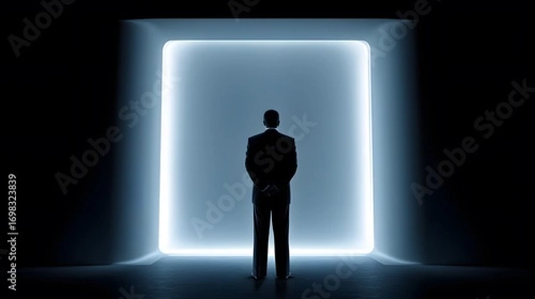 Fototapeta Silhouette of businessman standing before a glowing portal removed background