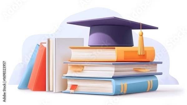 Fototapeta Stack of books with a graduation cap on top removed background
