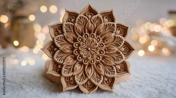 Fototapeta Intricate wooden mandala with bokeh lights in the background removed background
