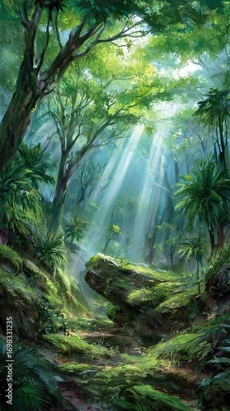 Obraz Sunlight streams through lush rainforest