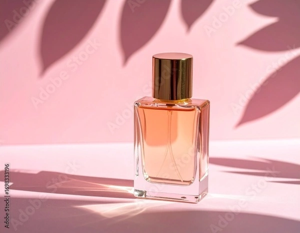 Obraz ピンク背景に映えるガラスの香水ボトルと影の美しいフレグランスイメージ｜高級感,化粧品,香水,美容,ラグジュアリー