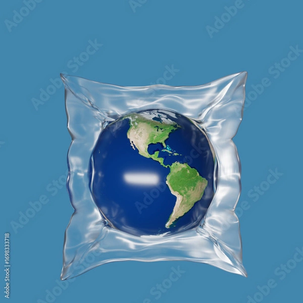 Fototapeta A globe wrapped in plastic wrap on a blue background