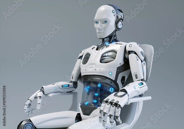 Fototapeta An humanlike robot sits in a chair