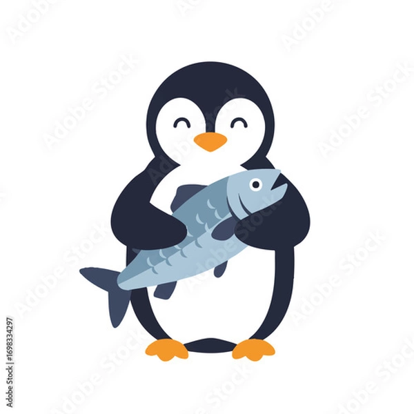 Fototapeta A cheerful penguin proudly holds a large, freshly caught fish in its flippers, presented as a vibrant 2D flat vector illustration with clean outlines on a crisp white background.