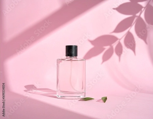 Obraz ピンク背景に映えるガラスの香水ボトルと影の美しいフレグランスイメージ｜高級感,化粧品,香水,美容,ラグジュアリー
