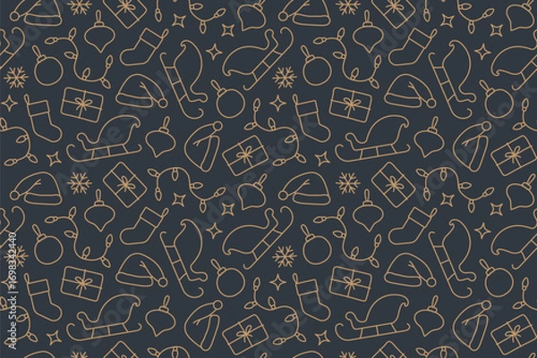 Fototapeta golden seamless christmas pattern with santa hat and sled, christmas sock, fir tree, gift, bauble, lights, snowflake, stars; great for wrapping, textile, wallpaper, greeting card- vector illustration