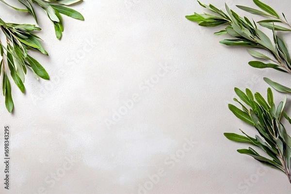 Fototapeta Green branches with elongated leaves arranged a light textured concrete background with copy space