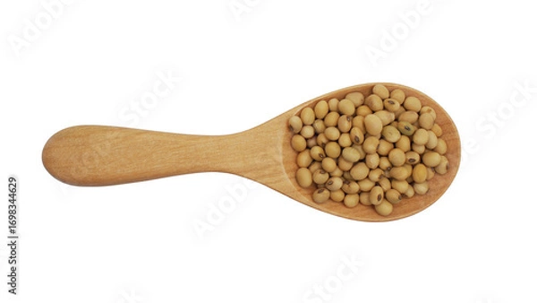 Fototapeta Top view of soybeans placed in a wooden spoon isolated on white background. Perfect for concepts of organic food