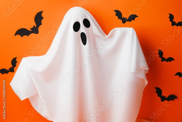 Fototapeta White fabric ghost with surprised face and black bats on orange background