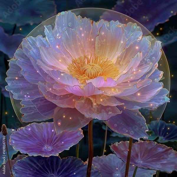 Fototapeta Glowing Iridescent Lotus with Bubbles Sparkles, Ethereal Digital Illustration for Wall Art Decor