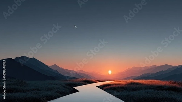 Fototapeta Serene sunset reflection scenery view Scenic Sunset Over Mountains With Serene River Pathway featuring vibrant tones, modern creative composition, inspirational feeling, designed for advertising