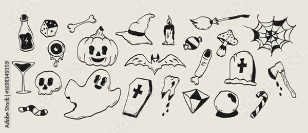 Fototapeta Minimalist Hand drawn sketches of Halloween elements. Skull, pot, hat, pumpkin, ghost, mushroom, broom, spider web. Vector illustration.
