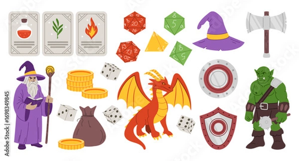 Obraz Dice in fantasy game. Fairytale RPG board with figures. Wizard with money coins bag. Dragon and orc warrior. Armor weapon. Magic playing card. Adventure world. Fairy gamble. Vector cartoon garish set