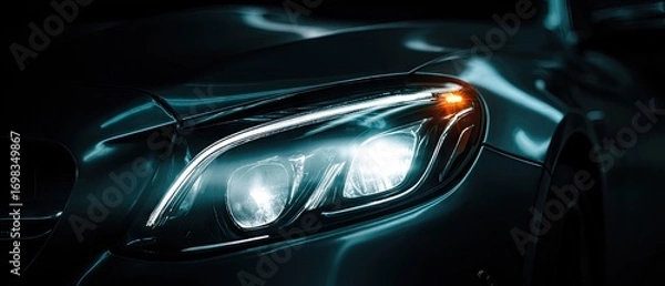 Obraz Close up of a modern car headlight illuminated at night with dramatic lighting.