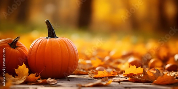 Obraz Autumn season background with pumpkins and golden leaves on the ground, blurred forest background 