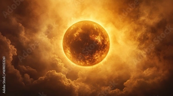 Fototapeta Celestial wonder of solar eclipse glowing with golden rays across the horizon.