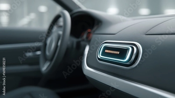 Fototapeta A sleek car interior featuring modern controls and ambient lighting, emphasizing advanced design and technology.