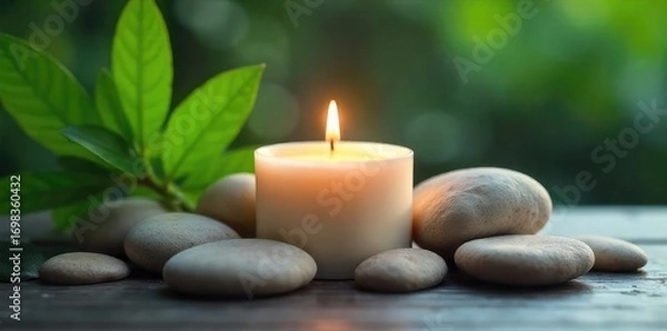 Fototapeta A luxurious spa candle, burning softly, sits amidst smooth, polished stones and lush green foliage, creating a tranquil and serene atmosphere perfect for relaxation and self-care , candle, flame