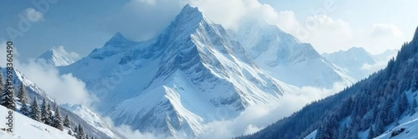 Fototapeta A majestic mountain range shrouded in a heavy snowstorm, with swirling snow obscuring the peaks and creating a dramatic, winter wonderland scene ,  powerful,  winter,  mountains
