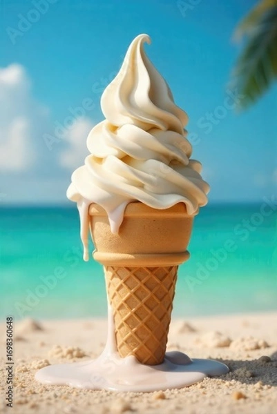 Fototapeta A melting ice cream cone struggles to maintain its shape in the summer heat, a comical scene of summer's sweet surrender , summer humor, lighthearted