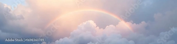 Fototapeta A muted rainbow arches subtly through a thick layer of overcast clouds, a soft, ethereal scene  The colors are pastel and diffused, creating a dreamy atmosphere ,  texture,  picturesque,  dreamy