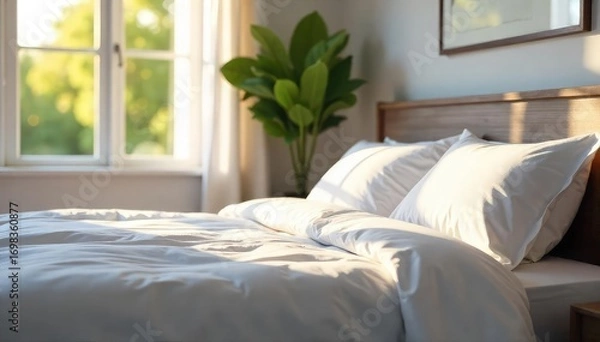 Fototapeta A neatly made bed with crisp white sheets and pillows, sunlight streaming through a window , cleanliness, hygiene