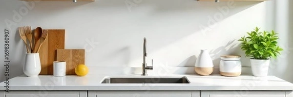 Fototapeta A neatly organized kitchen counter with sparkling clean appliances and surfaces, ready for the day's activities  Empty sink, gleaming countertops, minimalist aesthetic ,  sponge,  cleaning supplies