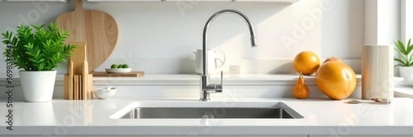 Fototapeta A neatly organized kitchen counter with sparkling clean appliances and surfaces, ready for the day's activities  Empty sink, gleaming countertops, minimalist aesthetic ,  housework,  room