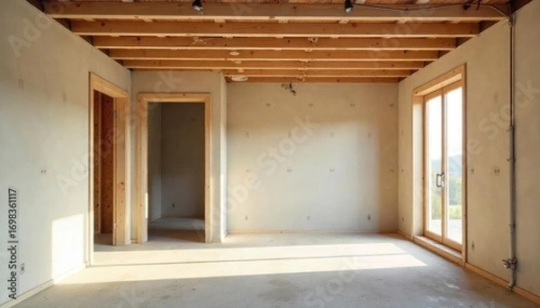 Fototapeta A newly constructed home's interior showcases unfinished drywall, exposed framing, and plumbing, highlighting the raw stages of building a house from the ground up , blueprint, materials, new
