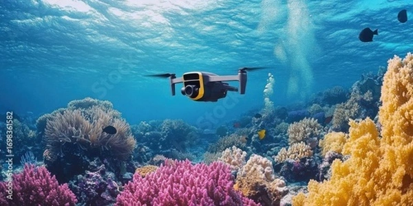Fototapeta A high-tech underwater drone is capturing stunning footage of a vibrant coral reef- showcasing marine exploration and advanced technology