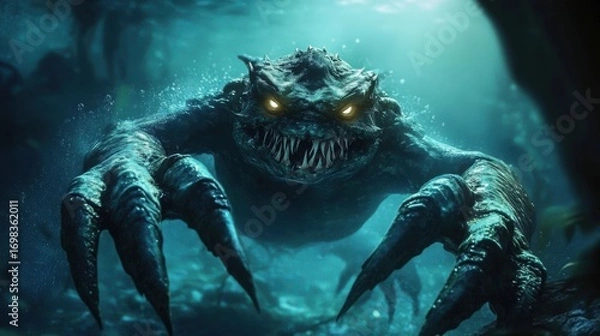 Fototapeta A menacing underwater creature with sharp claws and glowing eyes emerging from the depths in a dark- eerie aquatic environment.