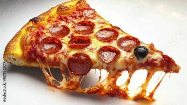 Fototapeta A close-up of a slice of pepperoni pizza with melted cheese stretching as the slice is pulled- emphasizing the delicious- hot- and cheesy appeal.