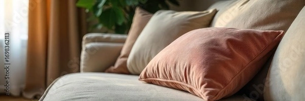 Fototapeta A plush, oversized cushion rests on a comfortable sofa, adding a touch of cozy elegance to a living room  Perfect for relaxing and enhancing home d?cor ,  grey cushion,  house decor,  comfy cushion