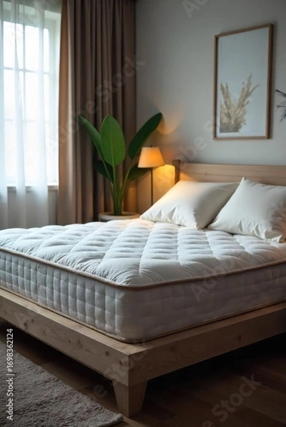 Fototapeta A plush, new mattress sits neatly made on a bedroom frame, ready for a restful sleep Soft lighting creates a calming atmosphere in the cozy room , blanket, frame, duvet