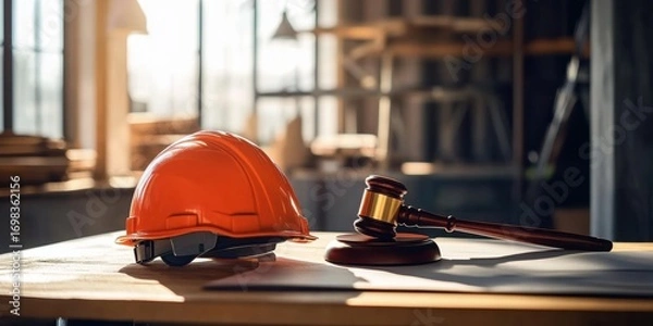 Fototapeta A construction helmet resting beside a wooden gavel on a desk- symbolizing the intersection of safety and law in construction environments.