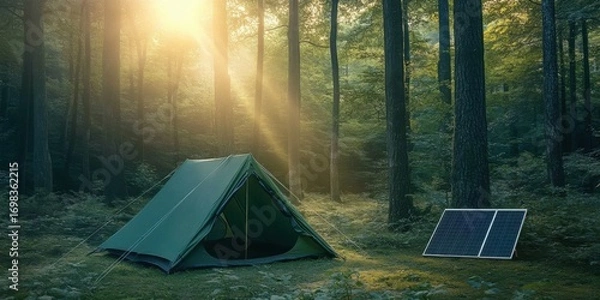 Fototapeta A green tent equipped with a solar panel set in a peaceful forest- with sunlight streaming through tall trees in the morning.