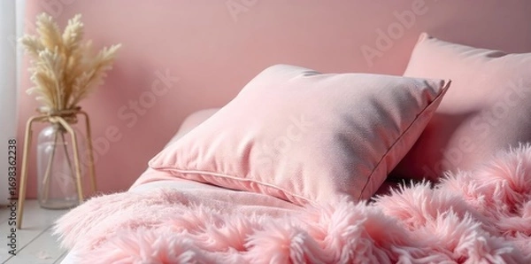 Fototapeta A plush, velvety cushion in a soft pastel shade, adding a touch of elegance and comfort to any space Perfect for bedrooms, living rooms, or even as a decorative accent , object, soft, tactile