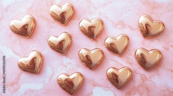 Fototapeta Shiny rose gold heart decorations displayed on a soft pink marble textured background. Ideal for Valentine's Day or romantic designs.