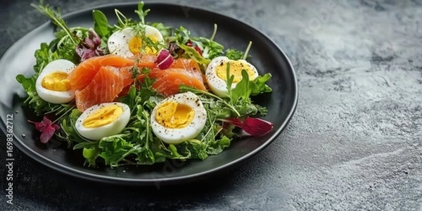 Fototapeta Fresh green salad with boiled eggs and smoked salmon on a dark plate- offering a healthy and balanced meal option. Perfect for food presentations.