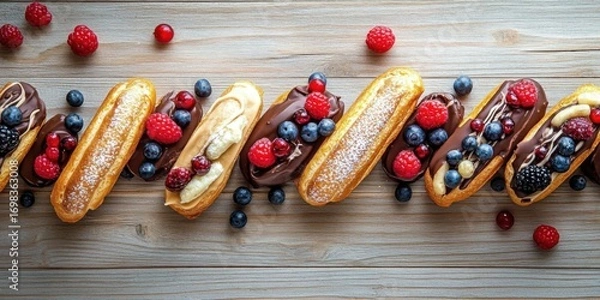 Fototapeta Assorted sweet eclairs topped with chocolate and berries on a rustic light wooden background. Perfect for dessert and bakery promotions.