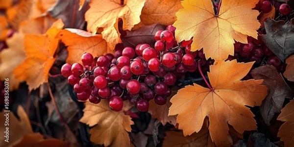 Fototapeta Close-up of red berries on a vine- surrounded by vibrant orange autumn leaves. Captures the beauty of the fall harvest season.