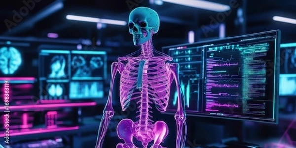 Fototapeta A holographic skeleton standing in front of computer screens with neon lighting- symbolizing the fusion of medical technology and AI.